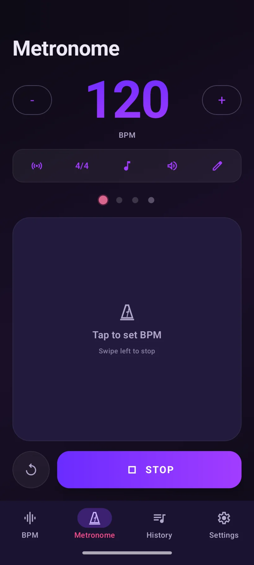 MagicBPM auf Android: Das Metronom läuft mit 120 BPM im 4/4-Takt