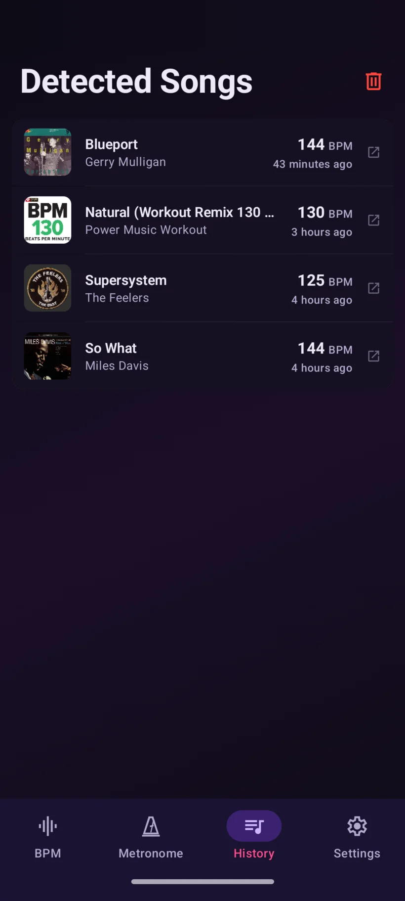 MagicBPM auf Android: der Verlauf „Erkannte Songs“ mit den BPM jedes erkannten Songs