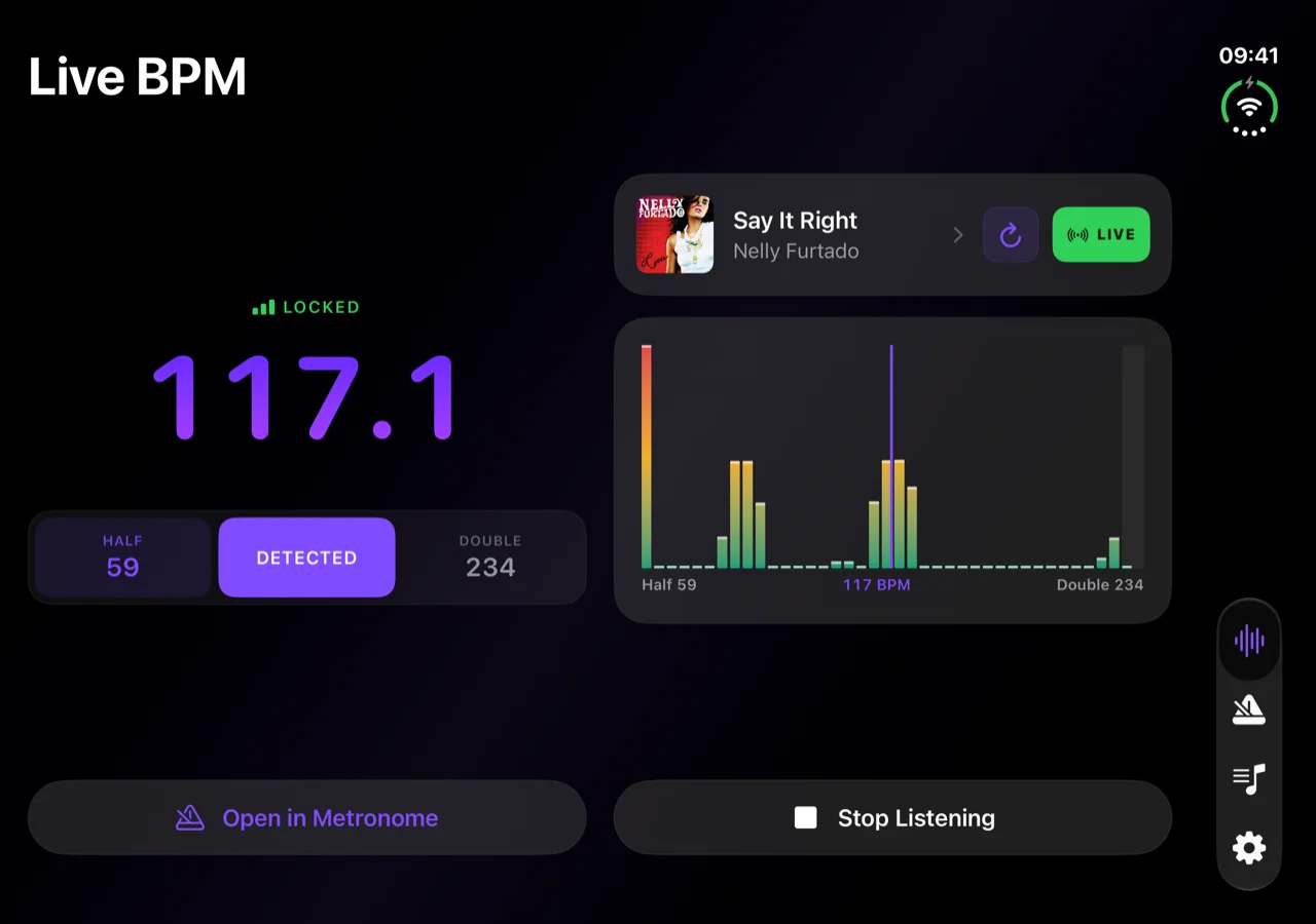 Live BPM on the open iPhone Duo, locked at 117.1, with the identified song and the tempo spectrum