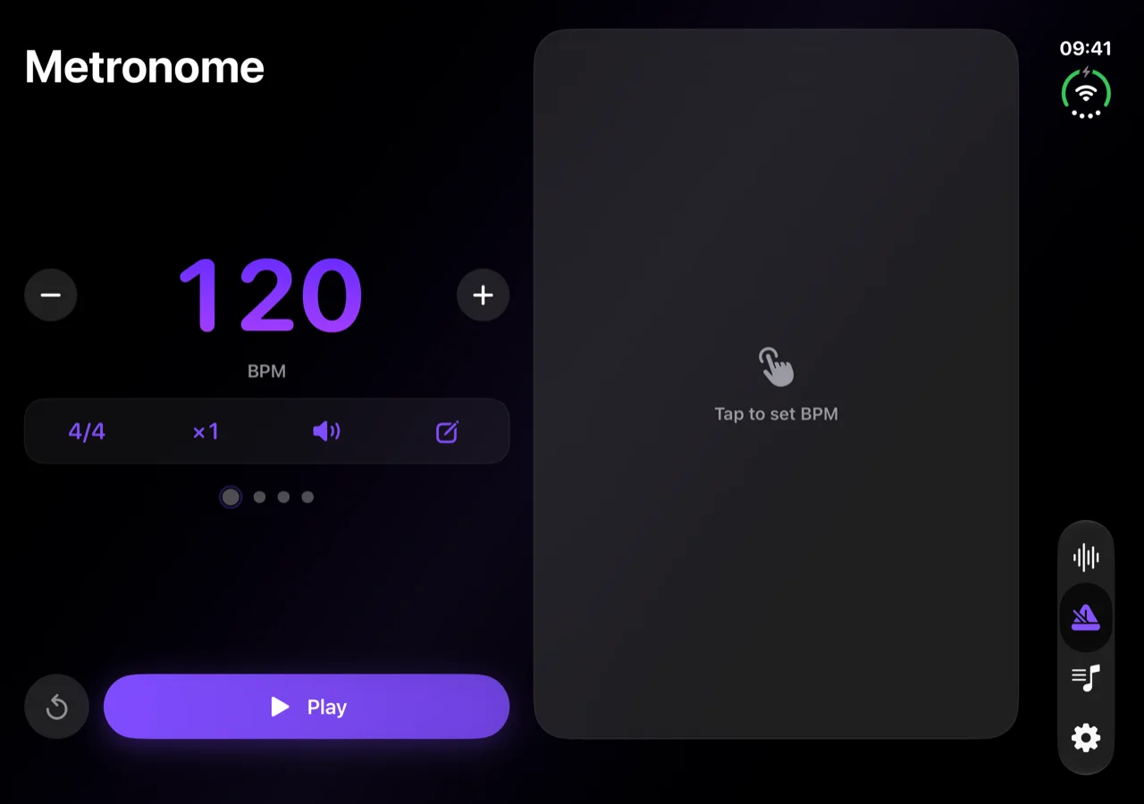 MagicBPM's metronome on the open iPhone Duo at 120 BPM, with the tempo and transport in the left column and the tap pad filling the right