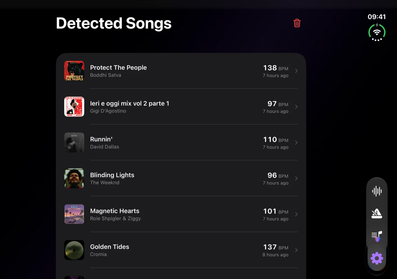 The Detected Songs history on the open iPhone Duo, listing identified tracks with the BPM of each