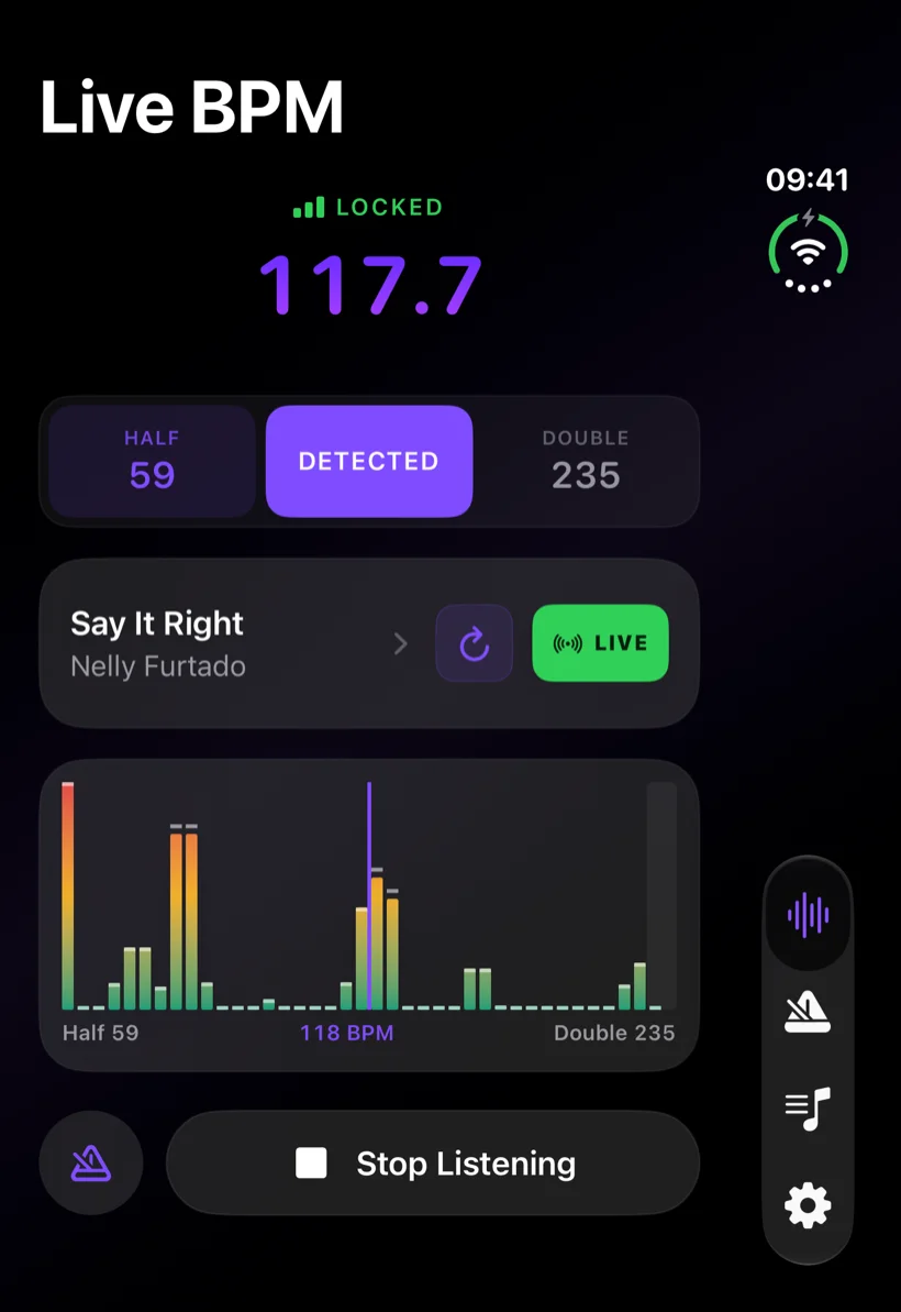 Live BPM on the shut iPhone Duo cover display, locked at 117.7 with the identified song and the tempo spectrum
