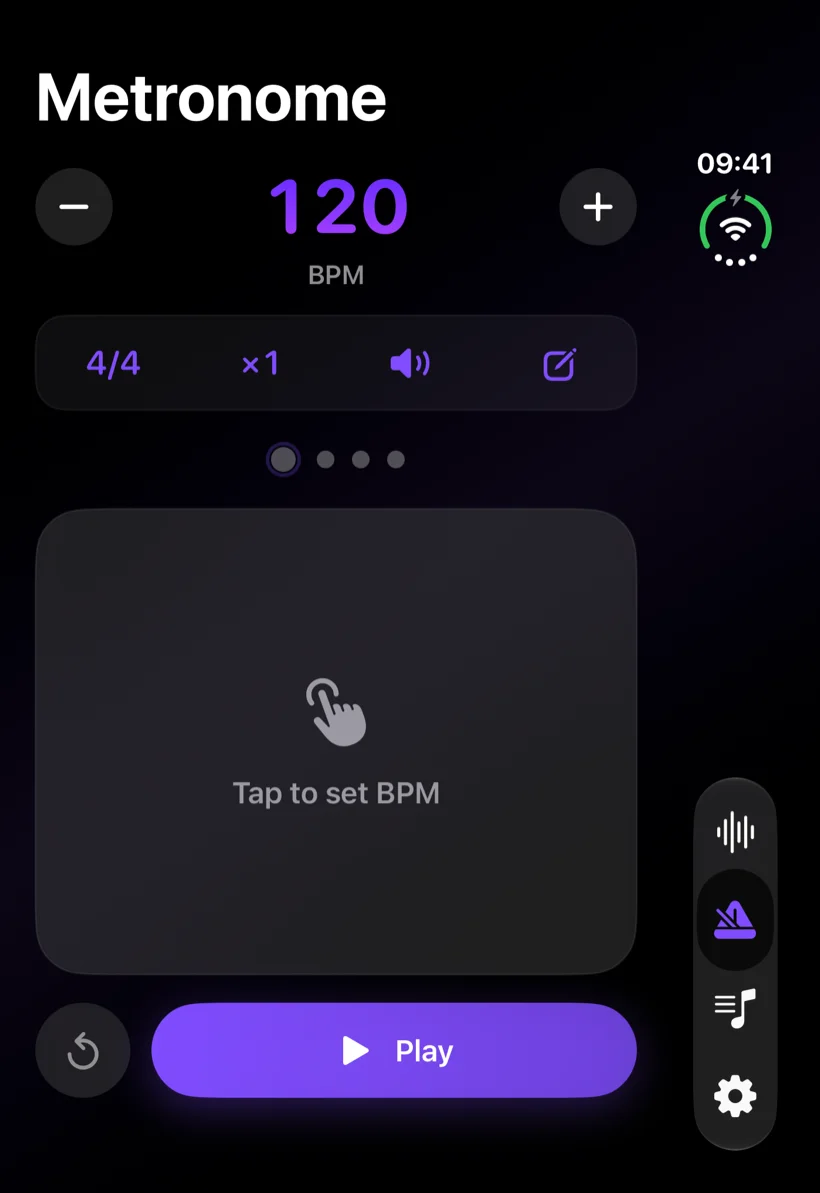 MagicBPM's metronome filling the iPhone Duo cover display, at 120 BPM in 4/4 with the tap pad and Play button