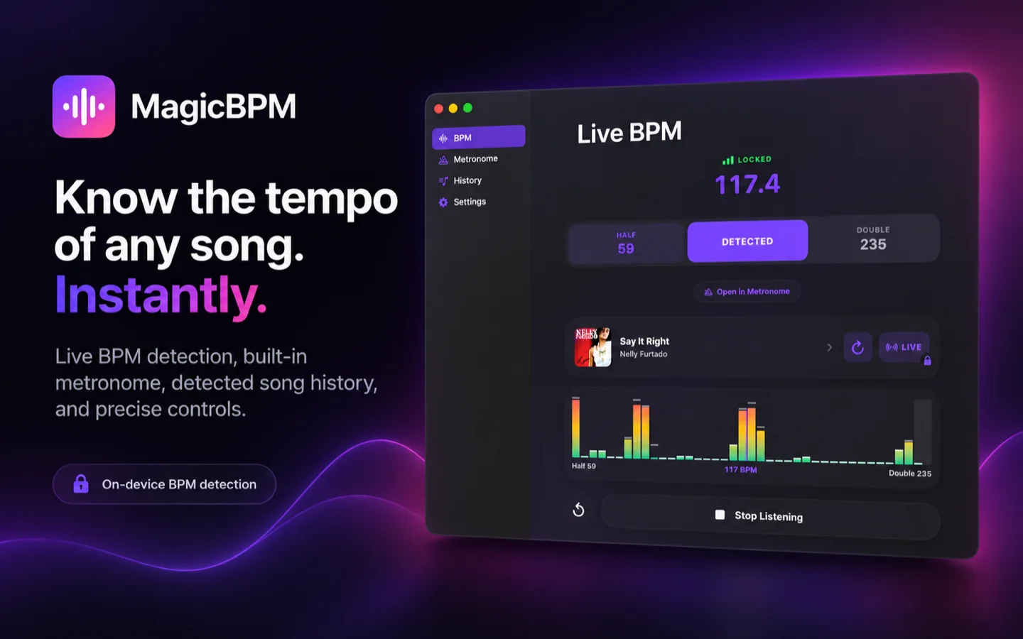 MagicBPM on the Mac: live BPM locked at 117.4 on Say It Right by Nelly Furtado, with the half and double tempo controls and the tempogram