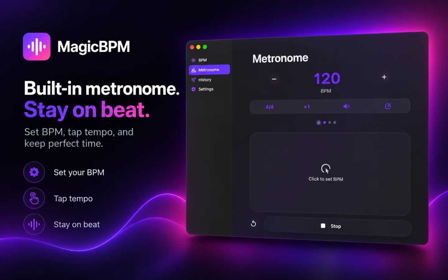 The MagicBPM metronome on the Mac at 120 BPM in 4/4, with a click-to-set tap tempo pad
