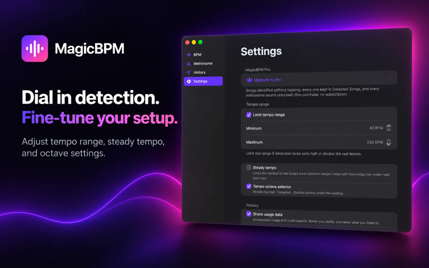 MagicBPM settings on the Mac: tempo range limits, steady tempo, the octave selector and the usage data switch