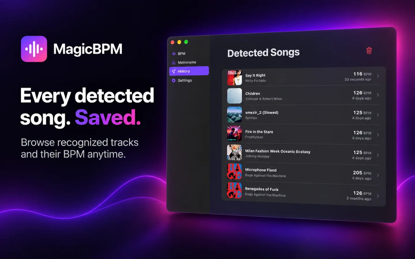 The Detected Songs history on the Mac, listing identified tracks with their BPM and artwork
