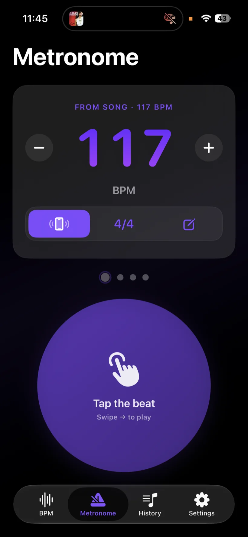 Metronome running at 117 BPM, handed off from the detected song