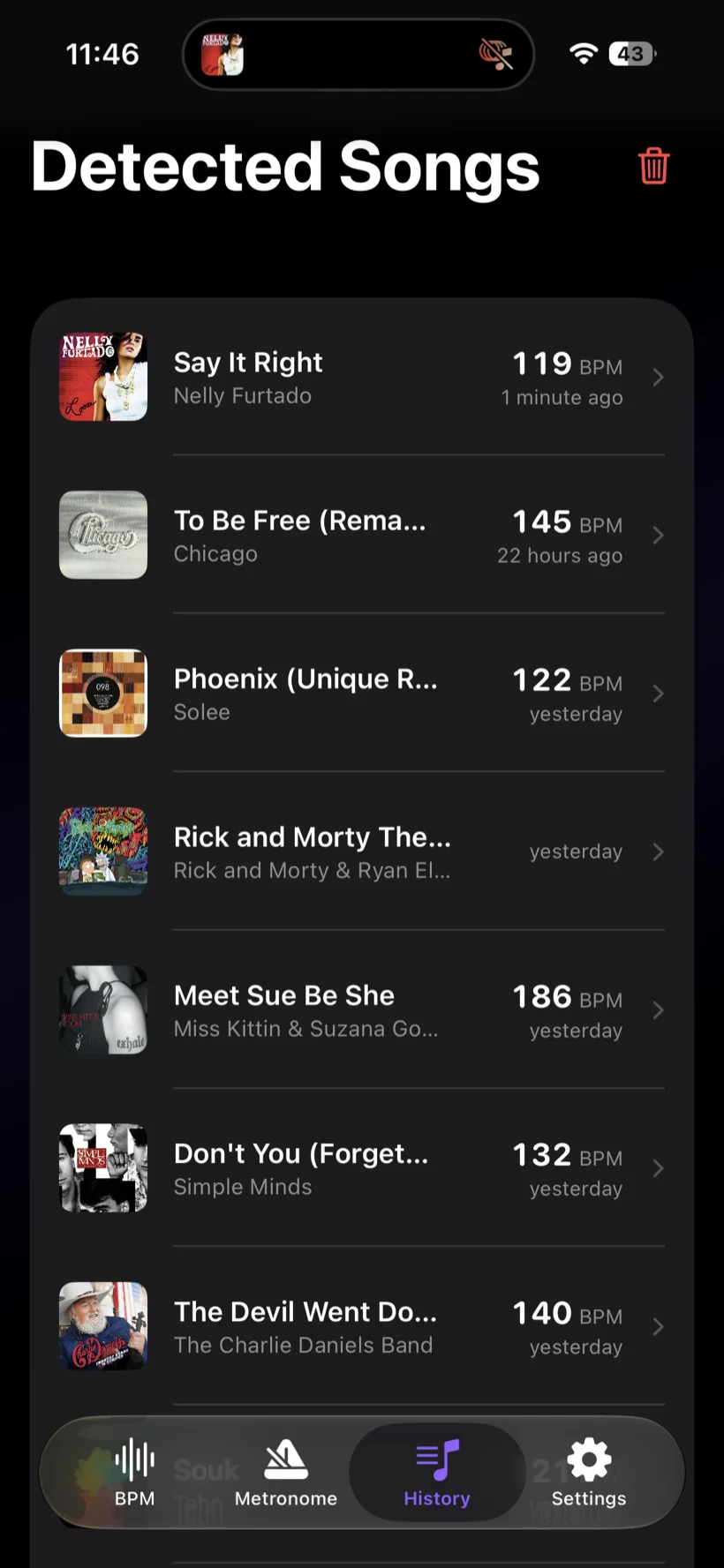 Detected Songs history with the BPM of every identified song