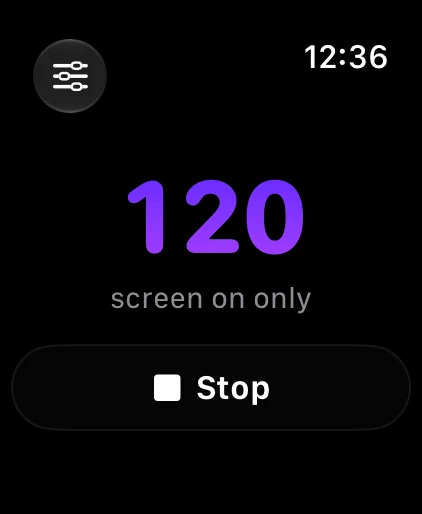 The MagicBPM watch metronome running at 120 BPM, with a Stop button